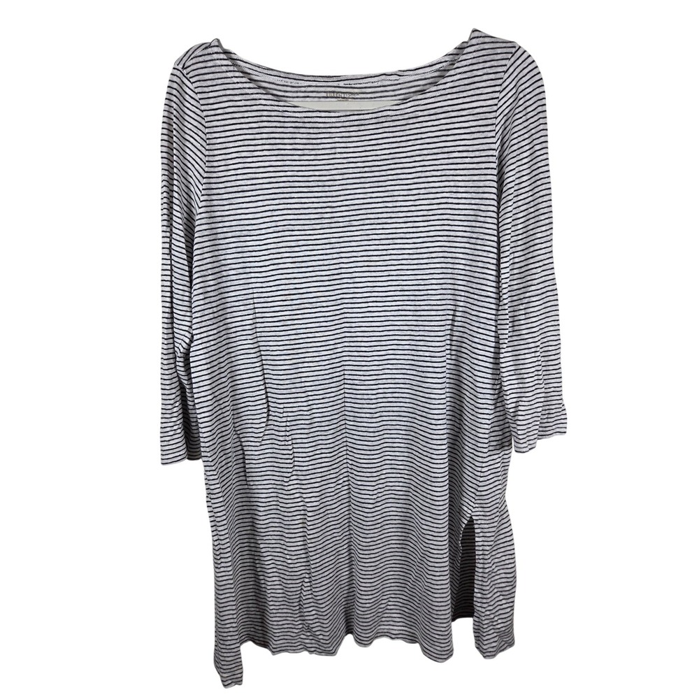 Eileen Fisher Tunic Top Womens Medium White Black Striped Linen Boat Neck Casual